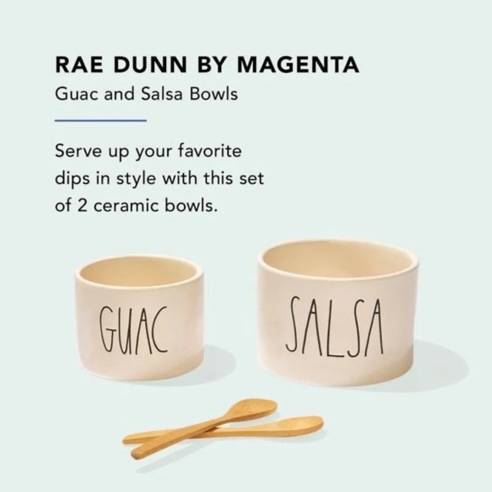 Rae Dunn Guac and‎ Salsa Ceramic Bowl Set with Bamboo Spoons 4pc FabFitFun NEW
